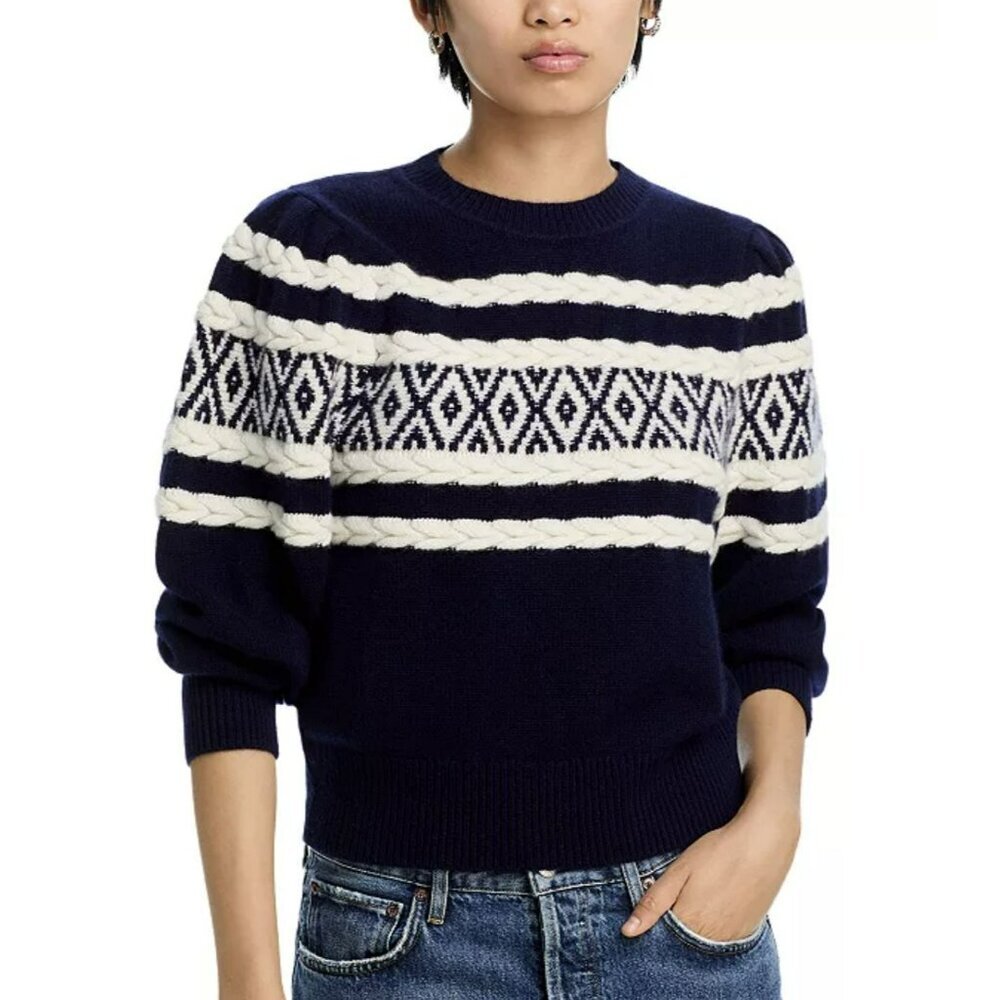 AQUA Cashmere $198 Fair Isle Cable Crewneck Navy Blue Sweater Sz XL NWT
